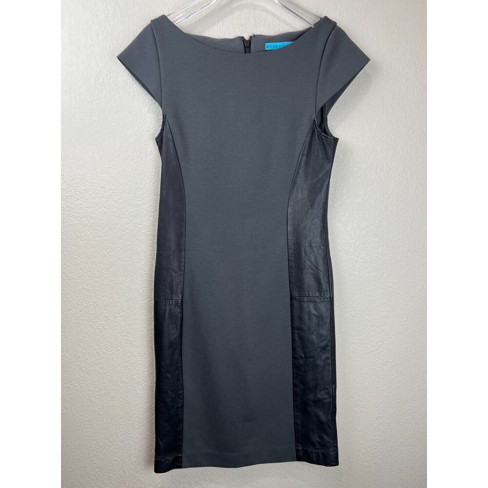 Alice + Olivia Womens Gray Sheath Dress Black Leather Side Panels Career